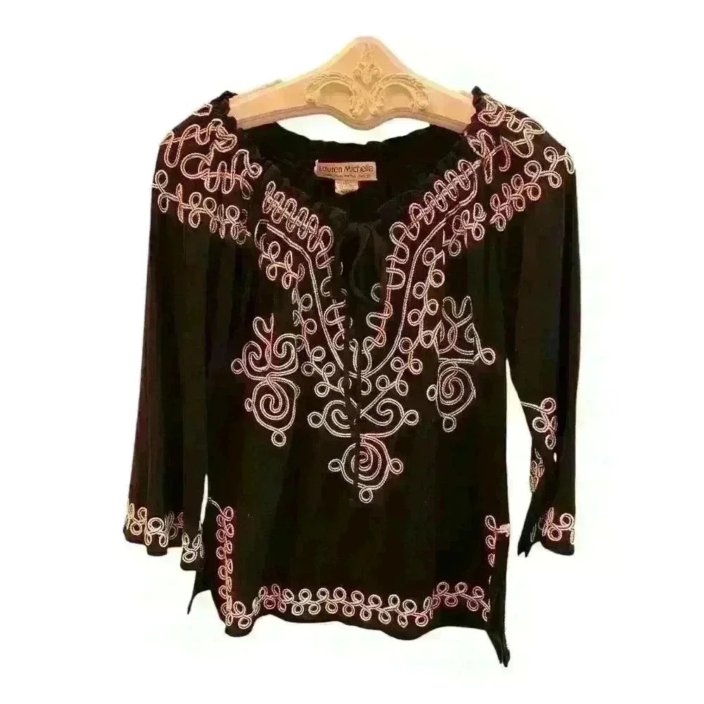 Lauren Michelle Women's XL Black Embroidered Peasant Blouse 3/4 Sleeve